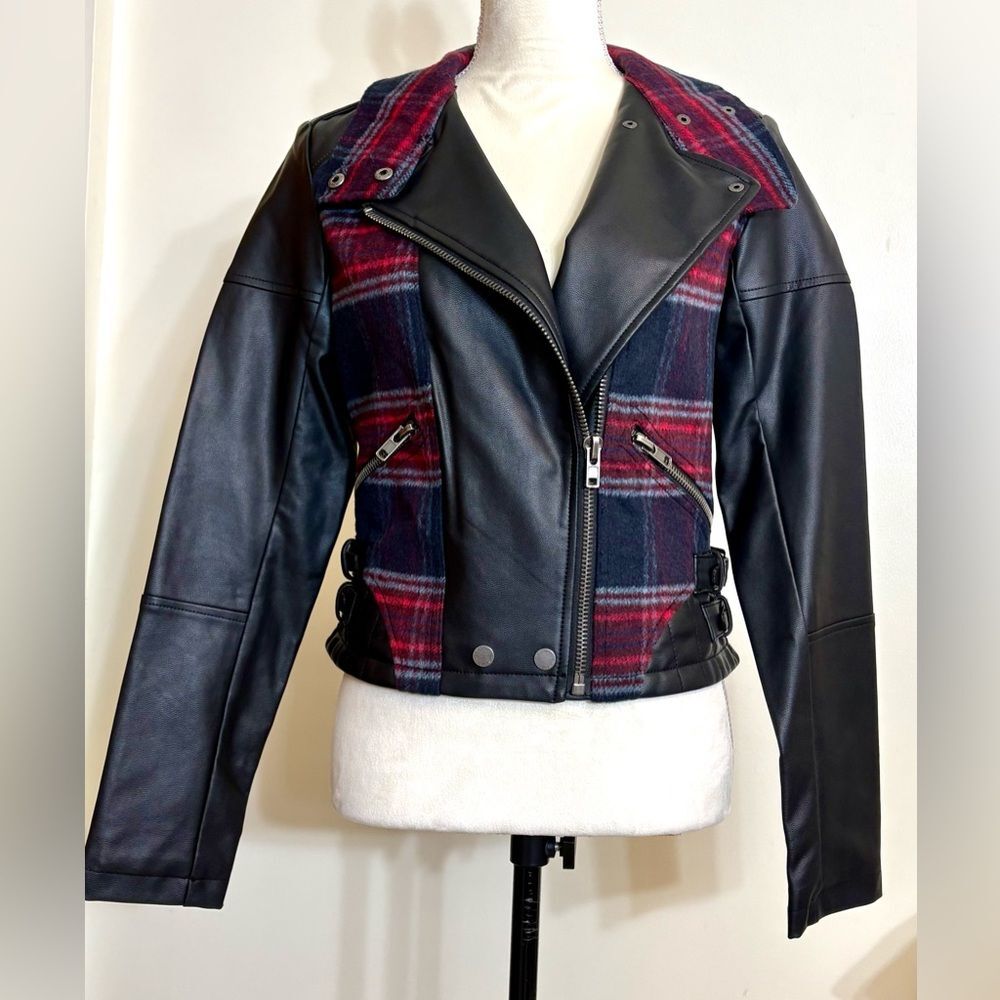 Black Faux Leather and Plaid Wool Blend Biker Cropped Moto Jacket SZ S